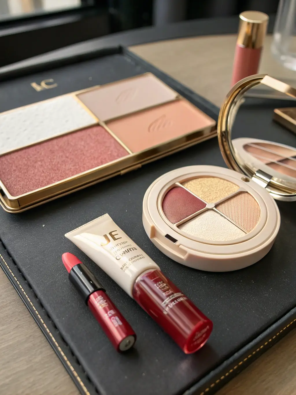 A selection of Ja-branded beauty products, including lip glosses, eyeshadow palettes, and highlighters, arranged in an aesthetically pleasing manner with soft lighting to showcase the colors and textures.