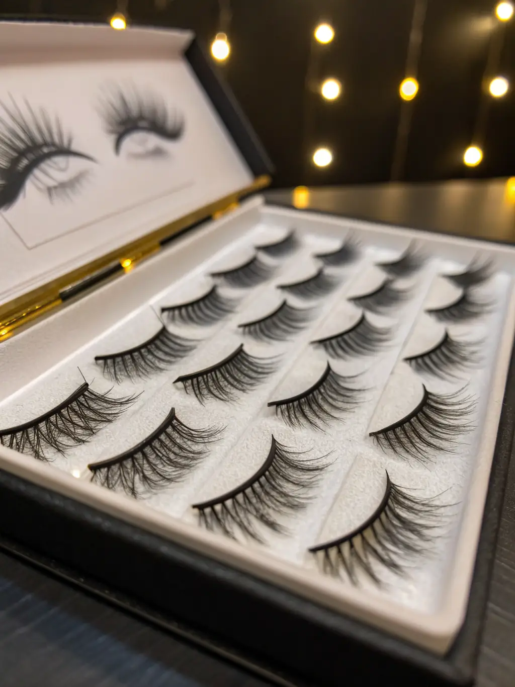 A detailed image of custom-designed false eyelashes, highlighting the intricate design and the materials used, displayed on a velvet cushion to convey luxury and elegance.