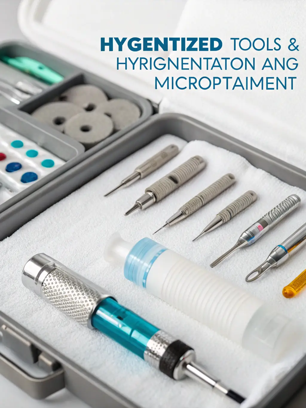 A professional microblading kit, neatly arranged with all the necessary tools and pigments, set on a clean, white surface to highlight the precision and hygiene of the product.